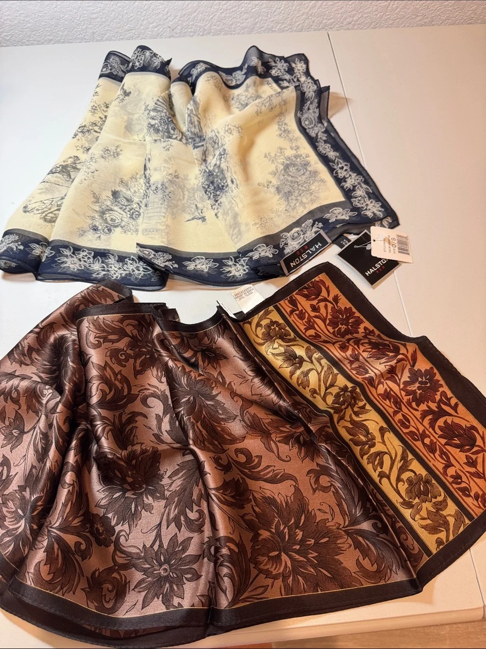 Halston Heritage Black and Ivory Floral Print Silk Scarf, Brown toned silk scarf